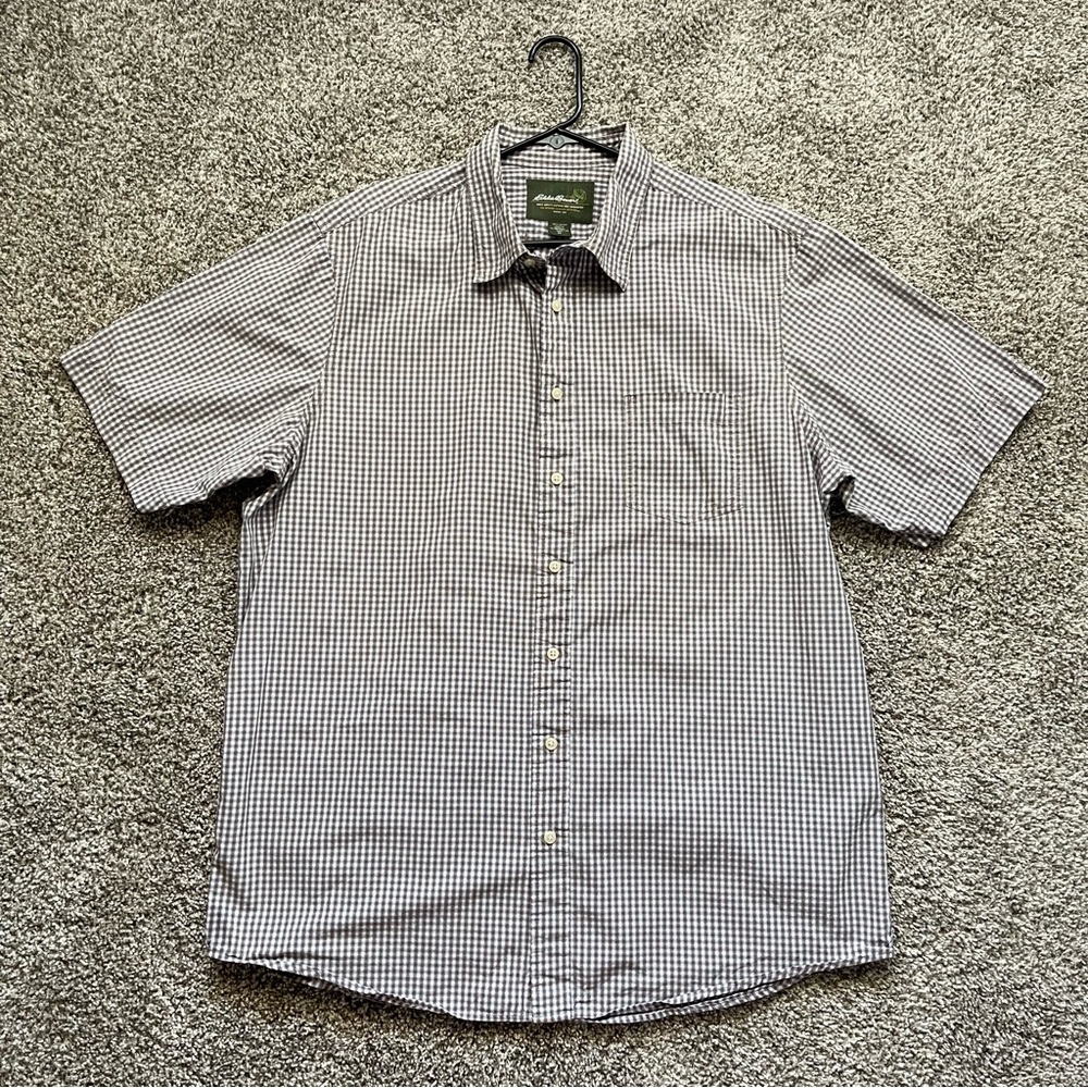 Eddie Bauer Short Sleeve Gingham Plaid Button Down Shirt Brown XL Tall